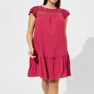 Mini Rayon Slub Crochet Yoke Shift Dress from Torrid